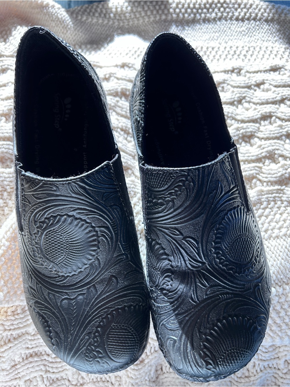 Spring Step Embossed Leather Slip-On Shoes   Skid Resistant Soles